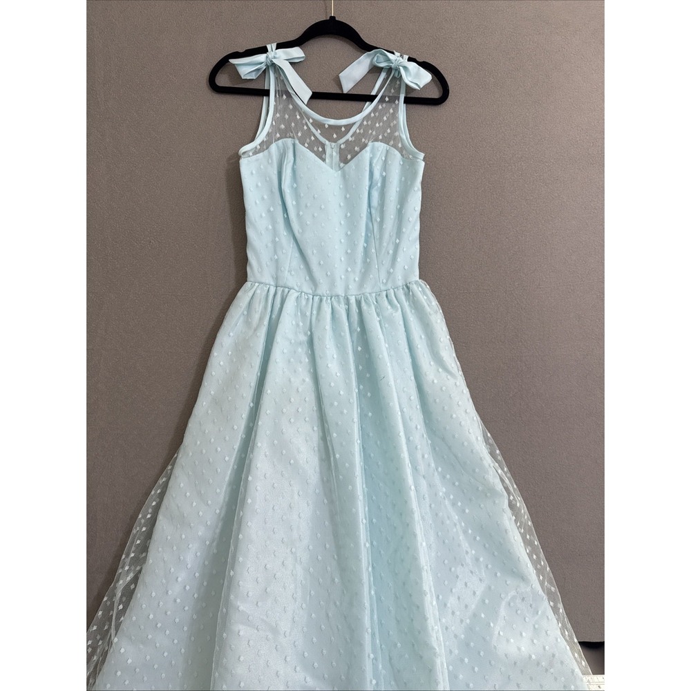 Vtg 50s Fit & Flare Dress Chiffon Tulle Party Prom Midi Dots Blue On Blue Talon‎
